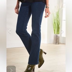 Soft Surroundings dark blue denim, full length boot cut pull on jeans. Petite L